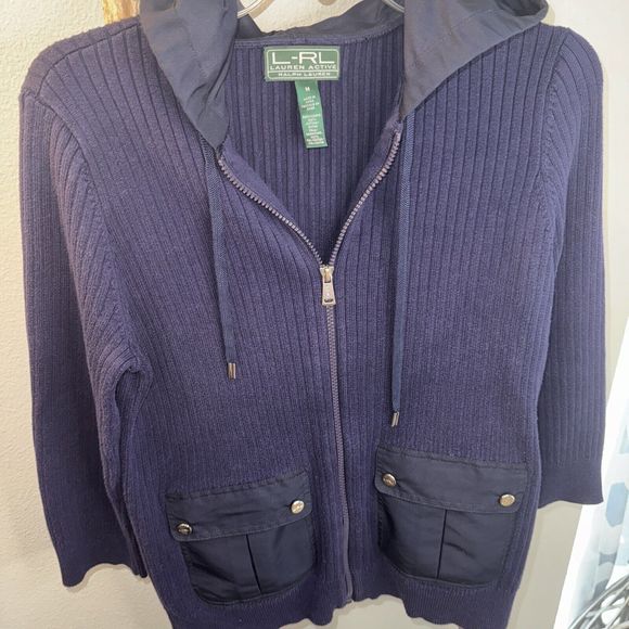 L-RL Ralph Lauren Active Womens Full Zip Ribbed Hooded Navy SweaterJacket Size M - Picture 10 of 10